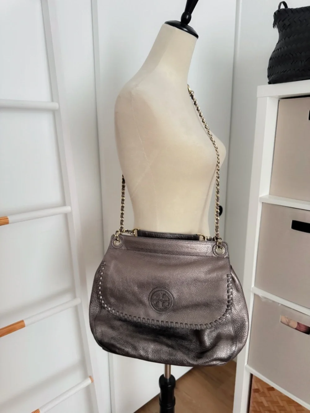 Tory Burch Marion Whipstitch Leather Saddle Bag Metallic Pewter